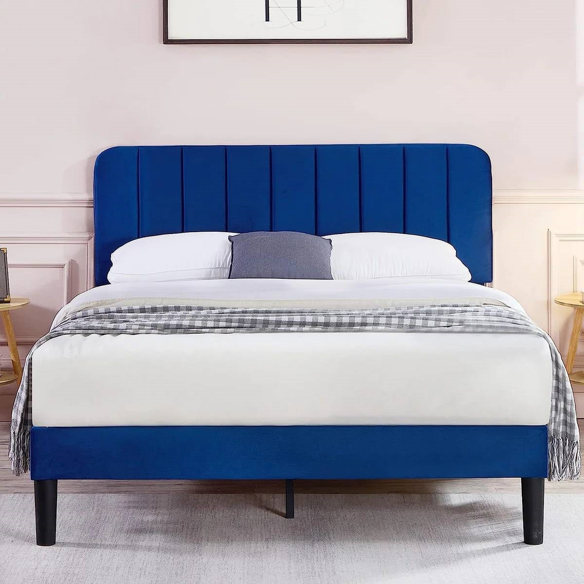 Queen size Blue Upholstered Platform Bed Frame with Headboard-0