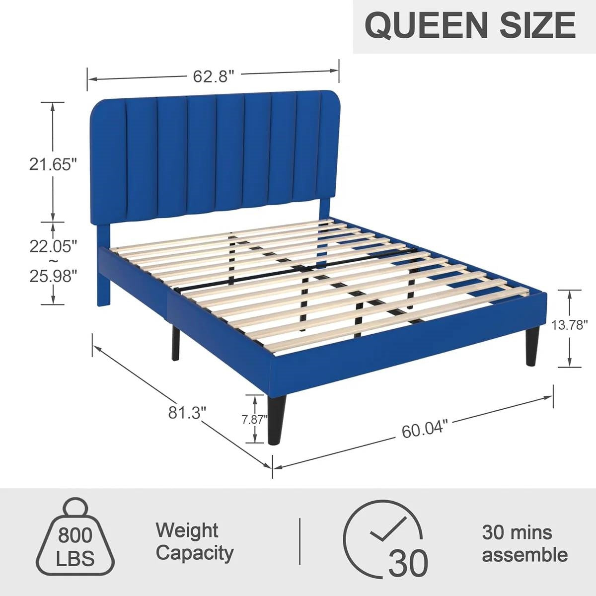 Queen size Blue Upholstered Platform Bed Frame with Headboard