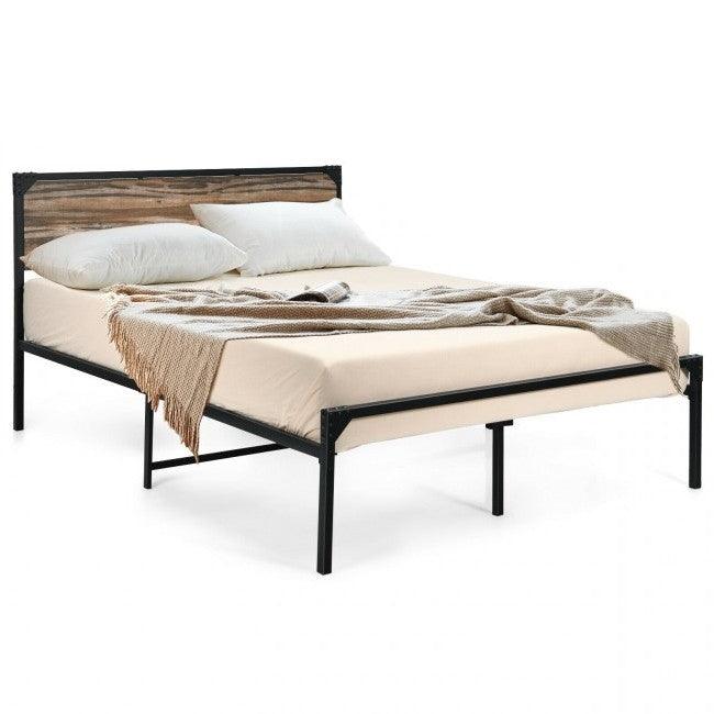 Rustic FarmHome Metal Wood Platform Bed Frame in Queen Size - PRHOMZ