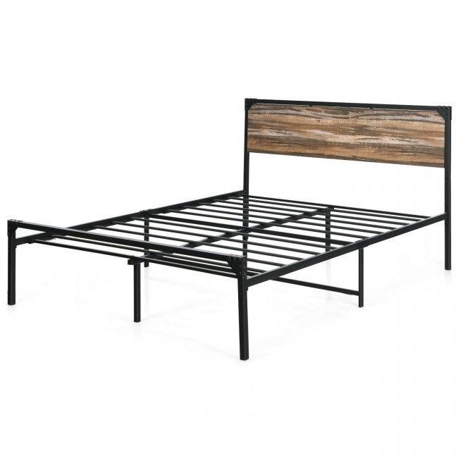 Rustic FarmHome Metal Wood Platform Bed Frame in Queen Size - PRHOMZ
