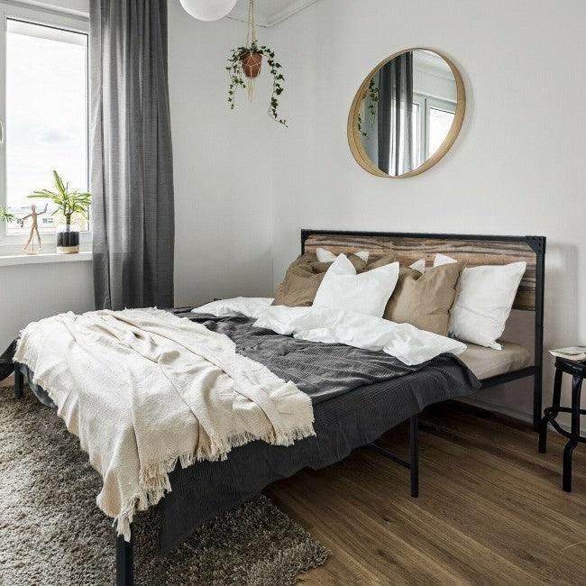 Rustic FarmHome Metal Wood Platform Bed Frame in Queen Size - PRHOMZ