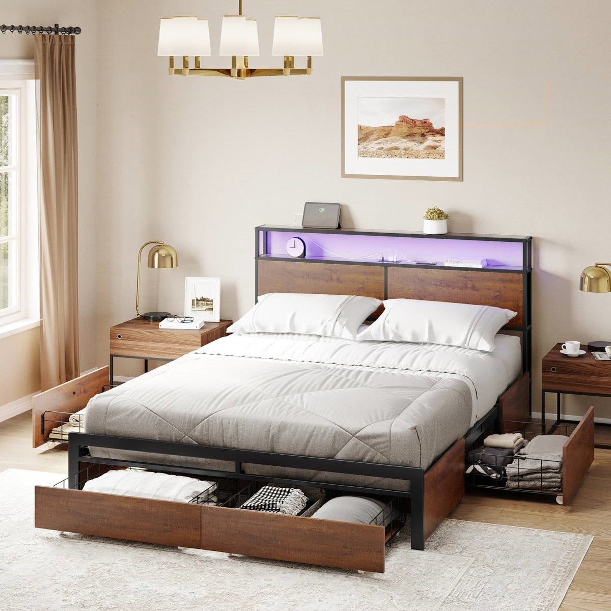 Queen size Platform Bed with Headboard and Storage Drawers in Brown Wood Finish-1