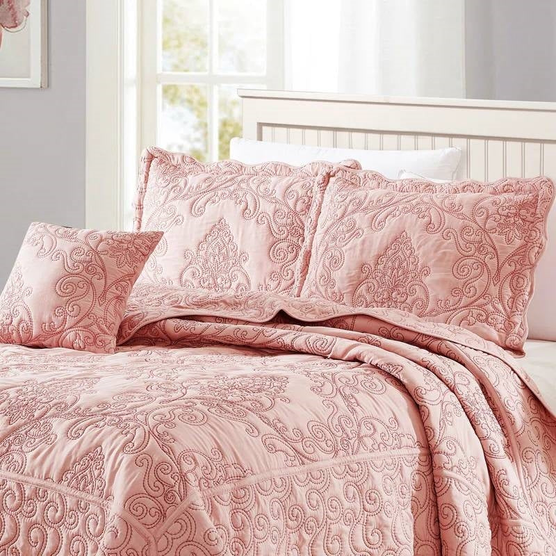 Queen size Dusty Pink Damask Embroidered 4 Piece Oversized Bedspread Set-2