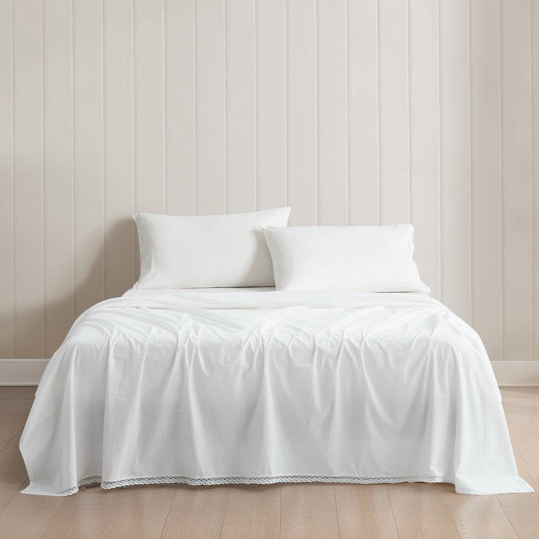 Queen Size 4 Piece 100-Percent Cotton Sheet Set in White with Lace Trim-0