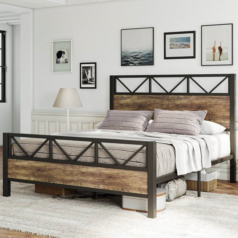 Queen Metal Wood Vintage Industrial Platform Bed Frame with Headboard Footboard-2