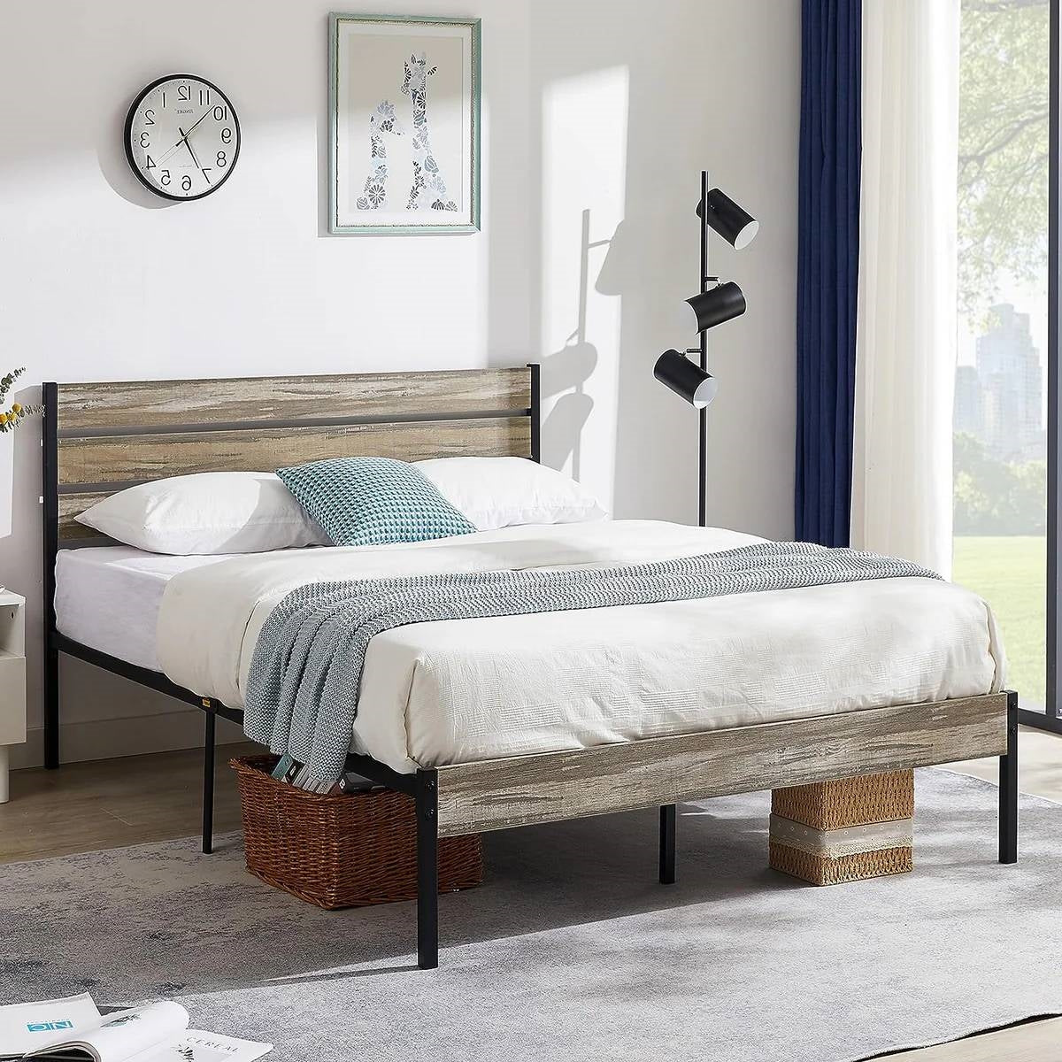 Queen Industrial Farmhouse Rustic Wood Metal Platform Bed Frame with Headboard-0