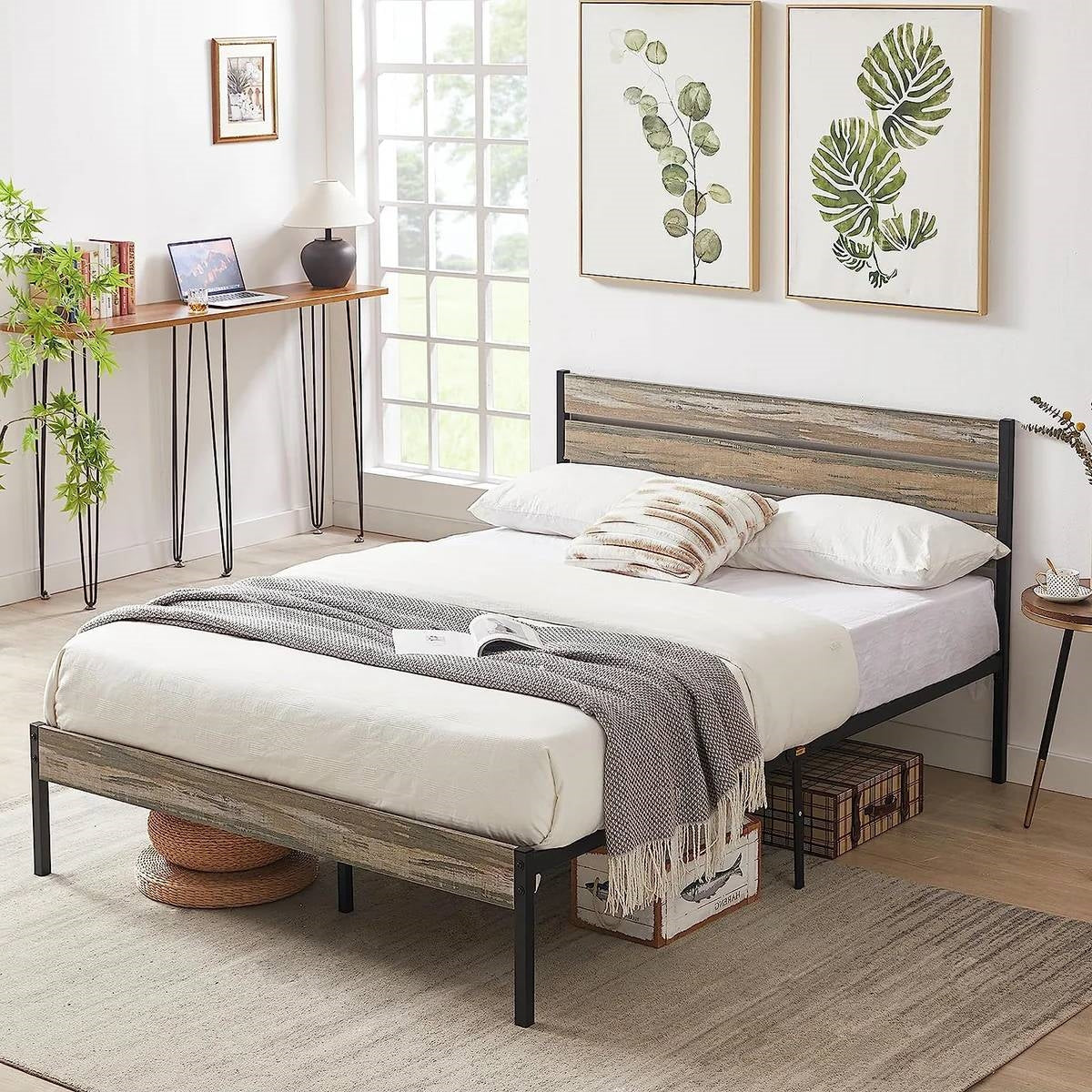 Queen Industrial Farmhouse Rustic Wood Metal Platform Bed Frame with Headboard-1