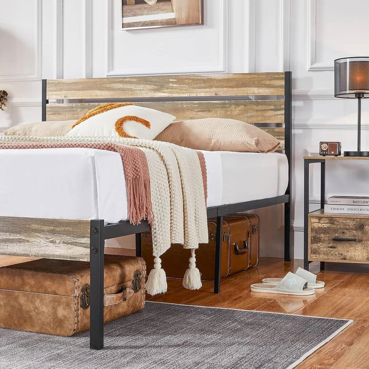 Queen Industrial Farmhouse Rustic Wood Metal Platform Bed Frame with Headboard-2