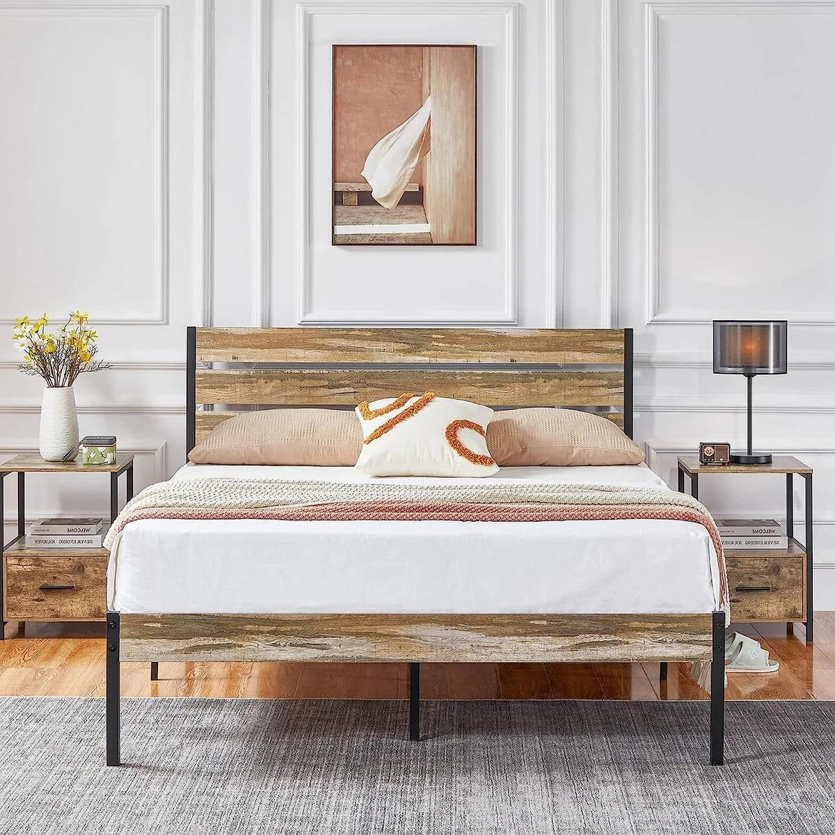 Queen Industrial Farmhouse Rustic Wood Metal Platform Bed Frame with Headboard-3
