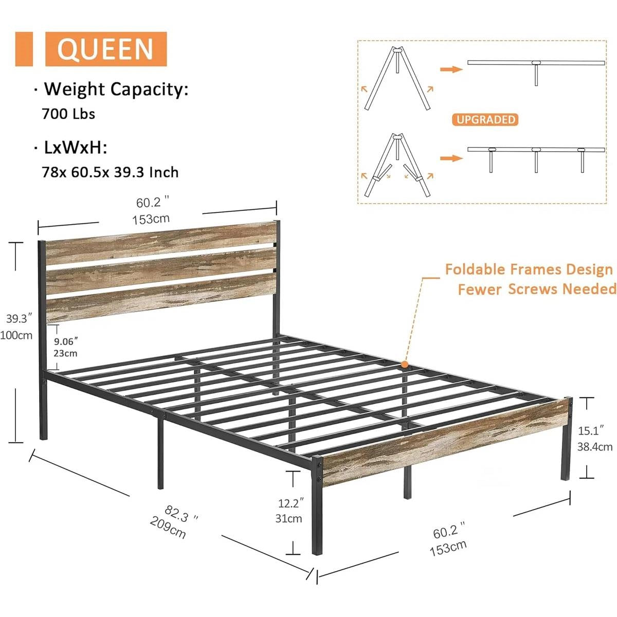 Queen Industrial Farmhouse Rustic Wood Metal Platform Bed Frame with Headboard-4