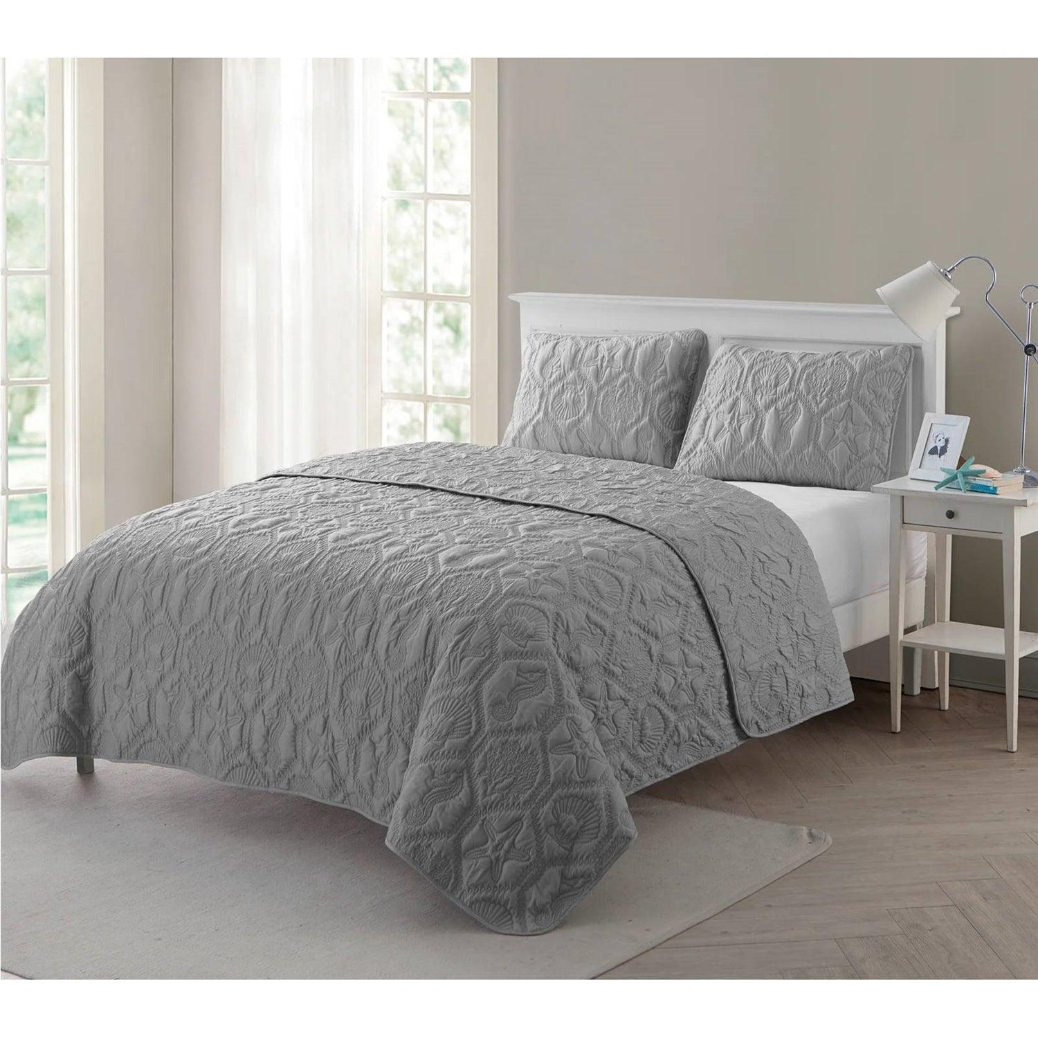 Queen Coastal Beach Embossed Starfish Seashell Seahorse Grey 3-Piece Quilt Set - PRHOMZ