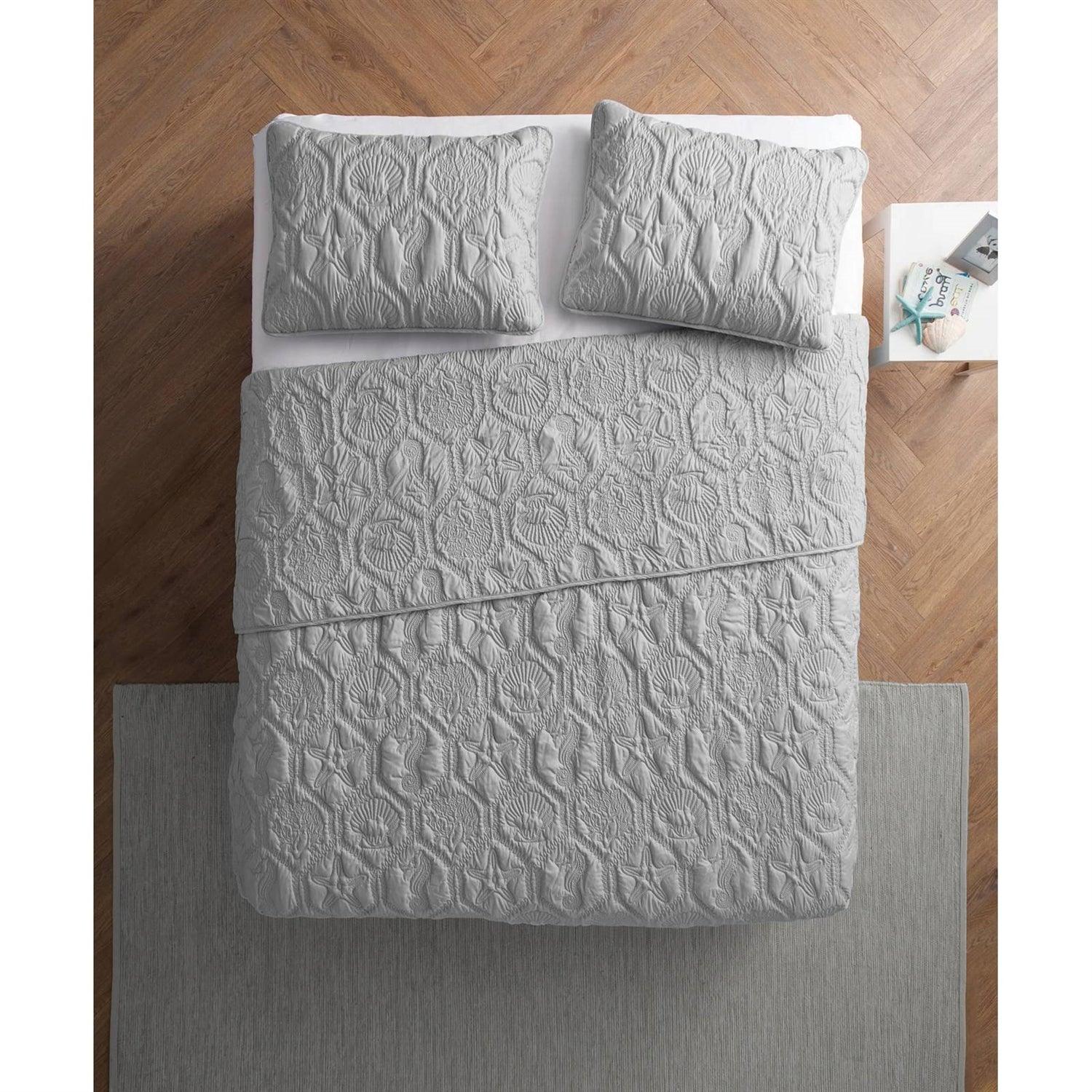 Queen Coastal Beach Embossed Starfish Seashell Seahorse Grey 3-Piece Quilt Set - PRHOMZ