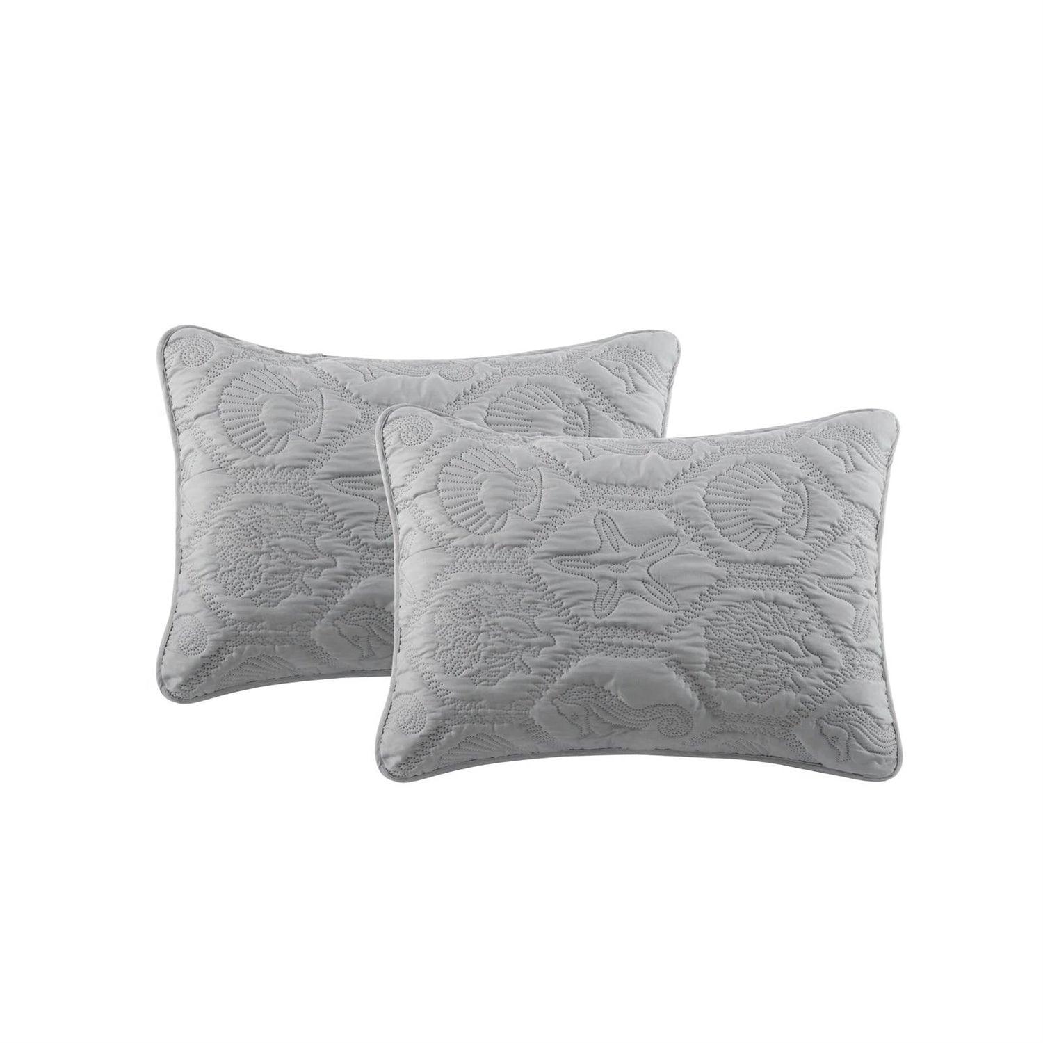 Queen Coastal Beach Embossed Starfish Seashell Seahorse Grey 3-Piece Quilt Set - PRHOMZ