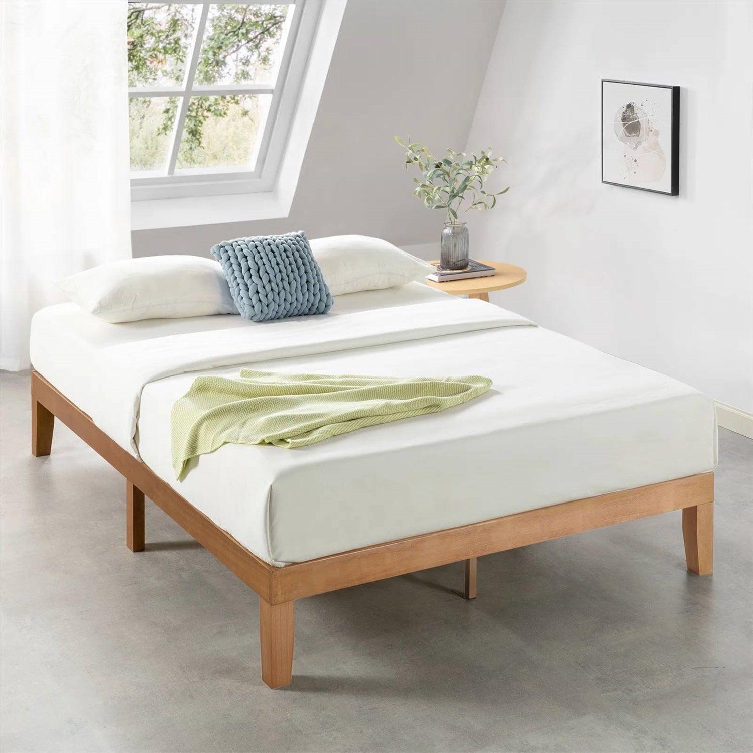 Queen size Solid Wood Platform Bed Frame in Natural Wooden Finish - PRHOMZ