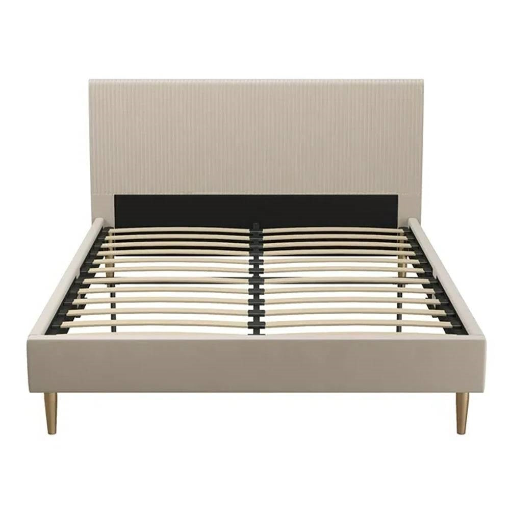 Queen Mid-Century Ivory Cream Velvet Upholstered Platform Bed with Headboard-2
