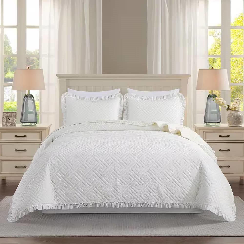 Queen size Ivory White Velvet Microfiber Polyester Reversible 3-Piece Quilt Set - PRHOMZ