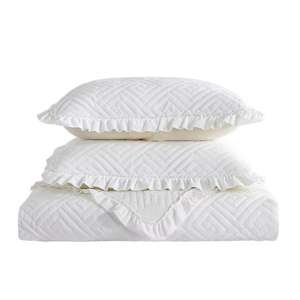 Queen size Ivory White Velvet Microfiber Polyester Reversible 3-Piece Quilt Set - PRHOMZ