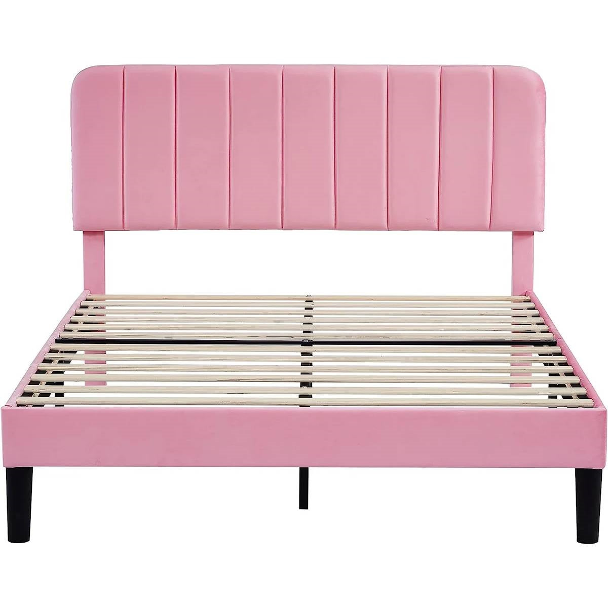 Queen size Pink Upholstered Platform Bed Frame with Headboard-3