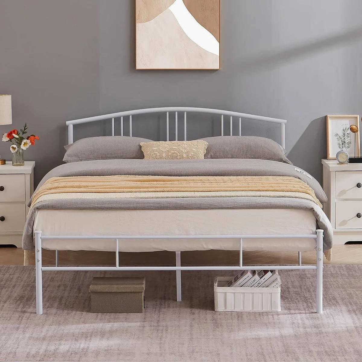 Queen size White Metal Platform Bed Frame with Arched Headboard-0