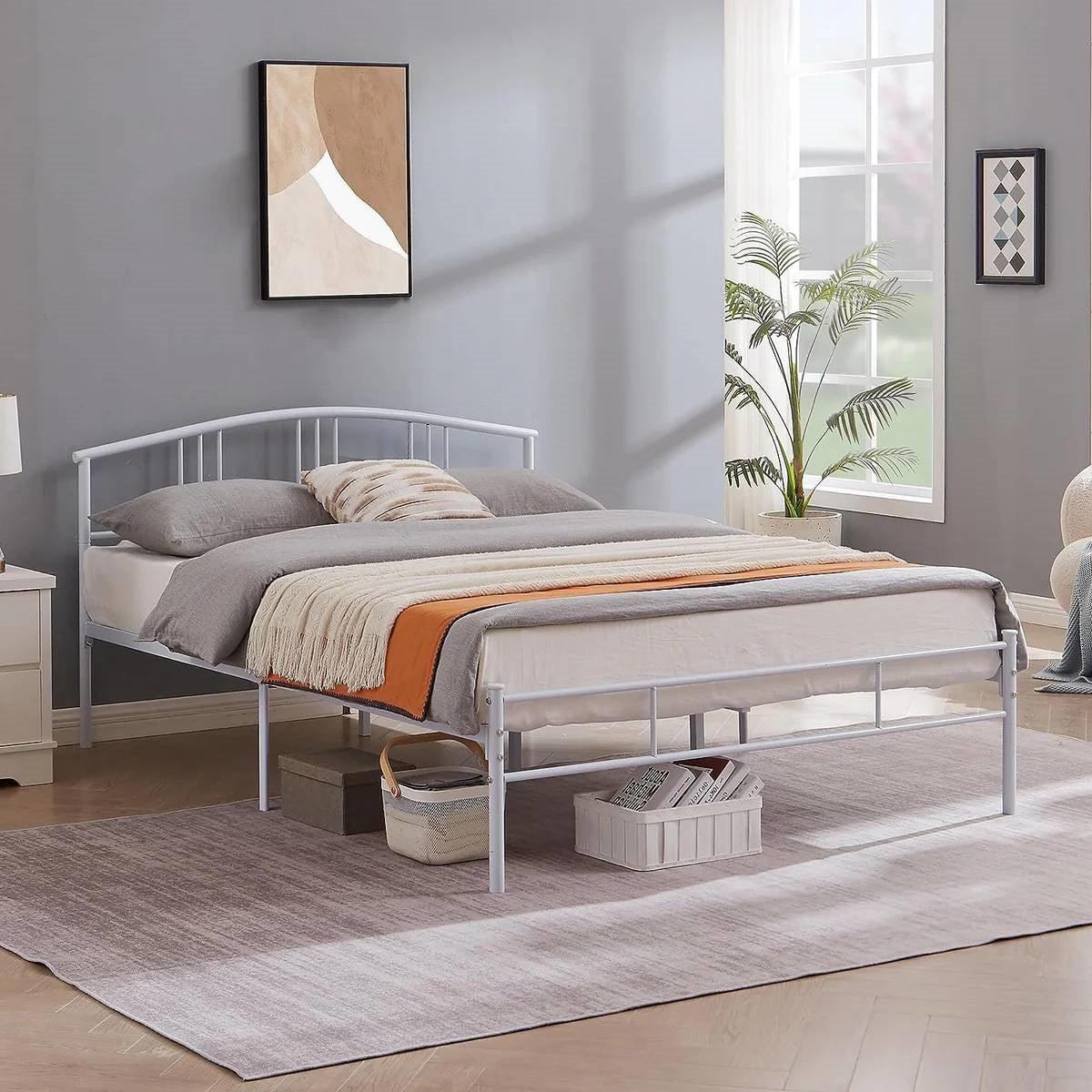 Queen size White Metal Platform Bed Frame with Arched Headboard-1