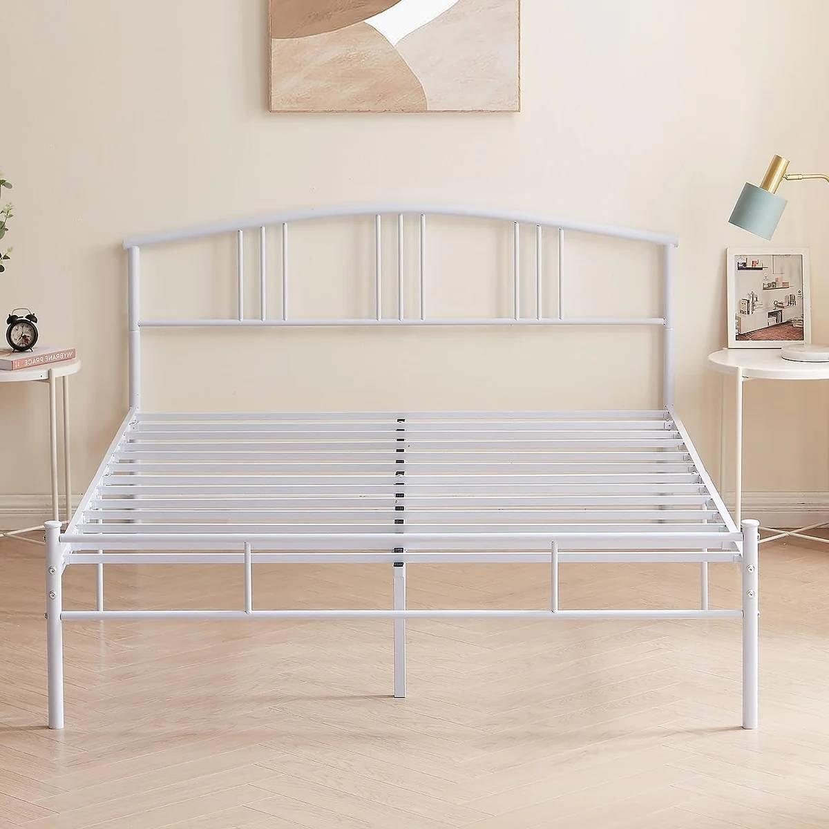 Queen size White Metal Platform Bed Frame with Arched Headboard-3