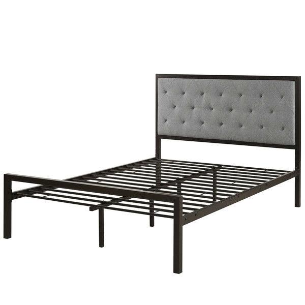 Queen size Contemporary Metal Platform Bed with Grey Upholstered Headboard - PRHOMZ