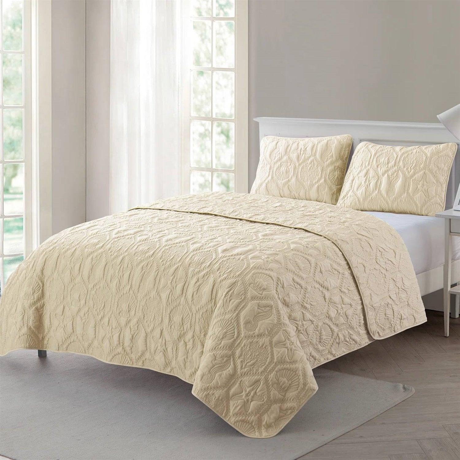 Queen Coastal Beach Starfish Seashells Seahorse Sand Tan 3-Piece Quilt Set - PRHOMZ