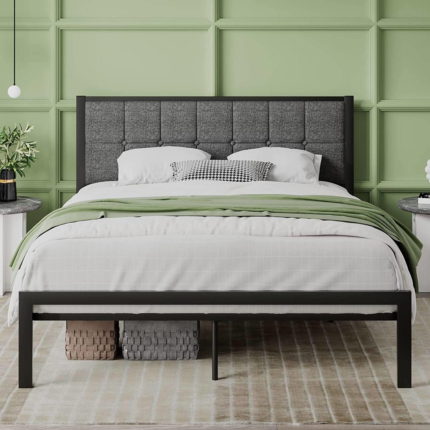 Queen Metal Platform Bed Frame with Gray Button Tufted Upholstered Headboard - PRHOMZ
