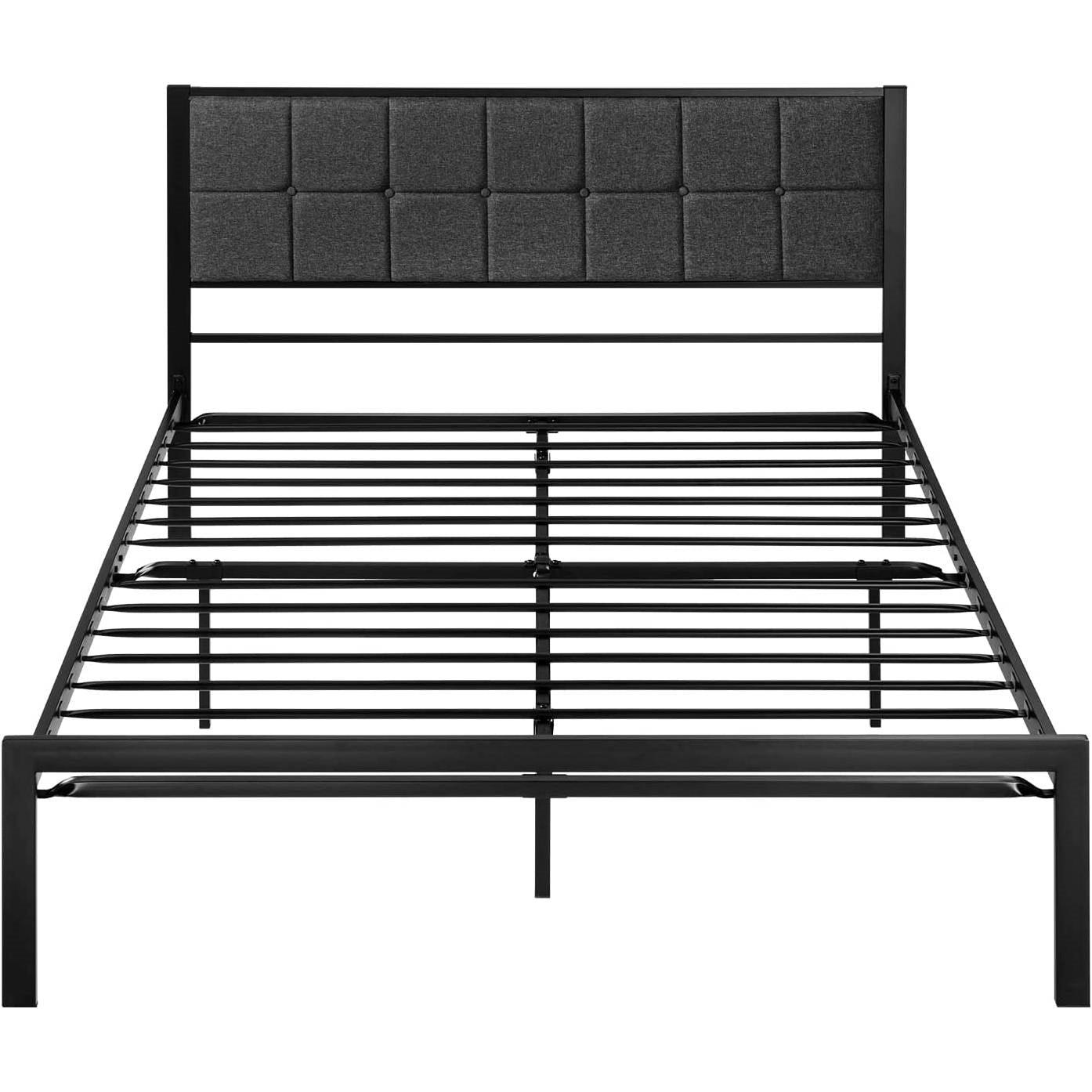 Queen Metal Platform Bed Frame with Gray Button Tufted Upholstered Headboard - PRHOMZ