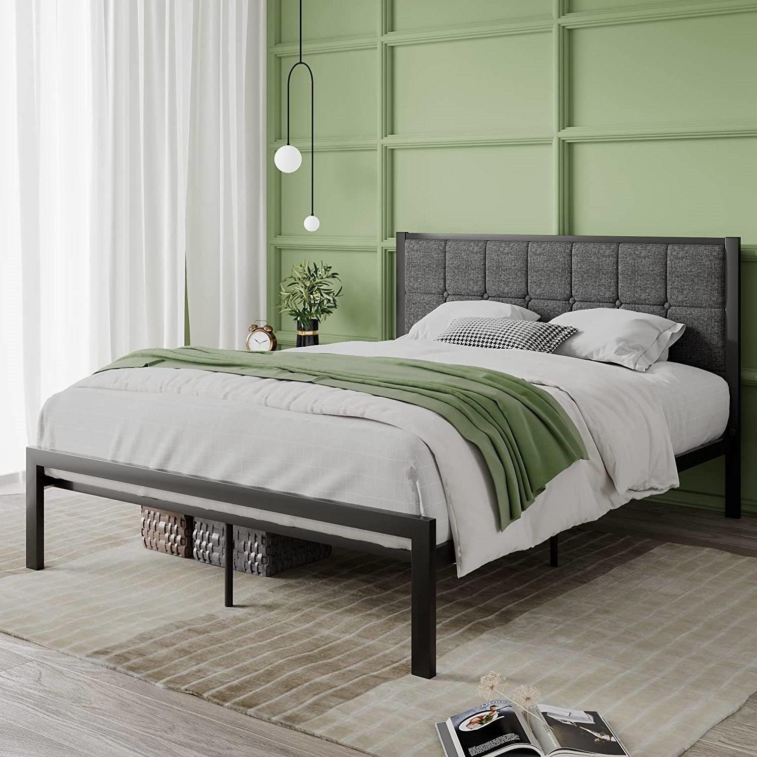 Queen Metal Platform Bed Frame with Gray Button Tufted Upholstered Headboard - PRHOMZ