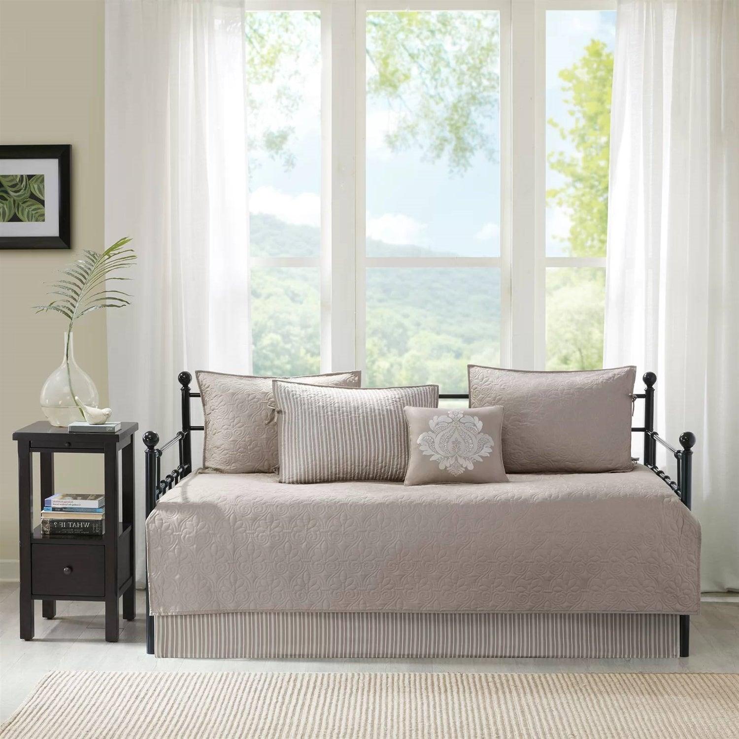 6-Piece Country Cottage Quilted Khaki Reversible Day Bed Cover Set - PRHOMZ