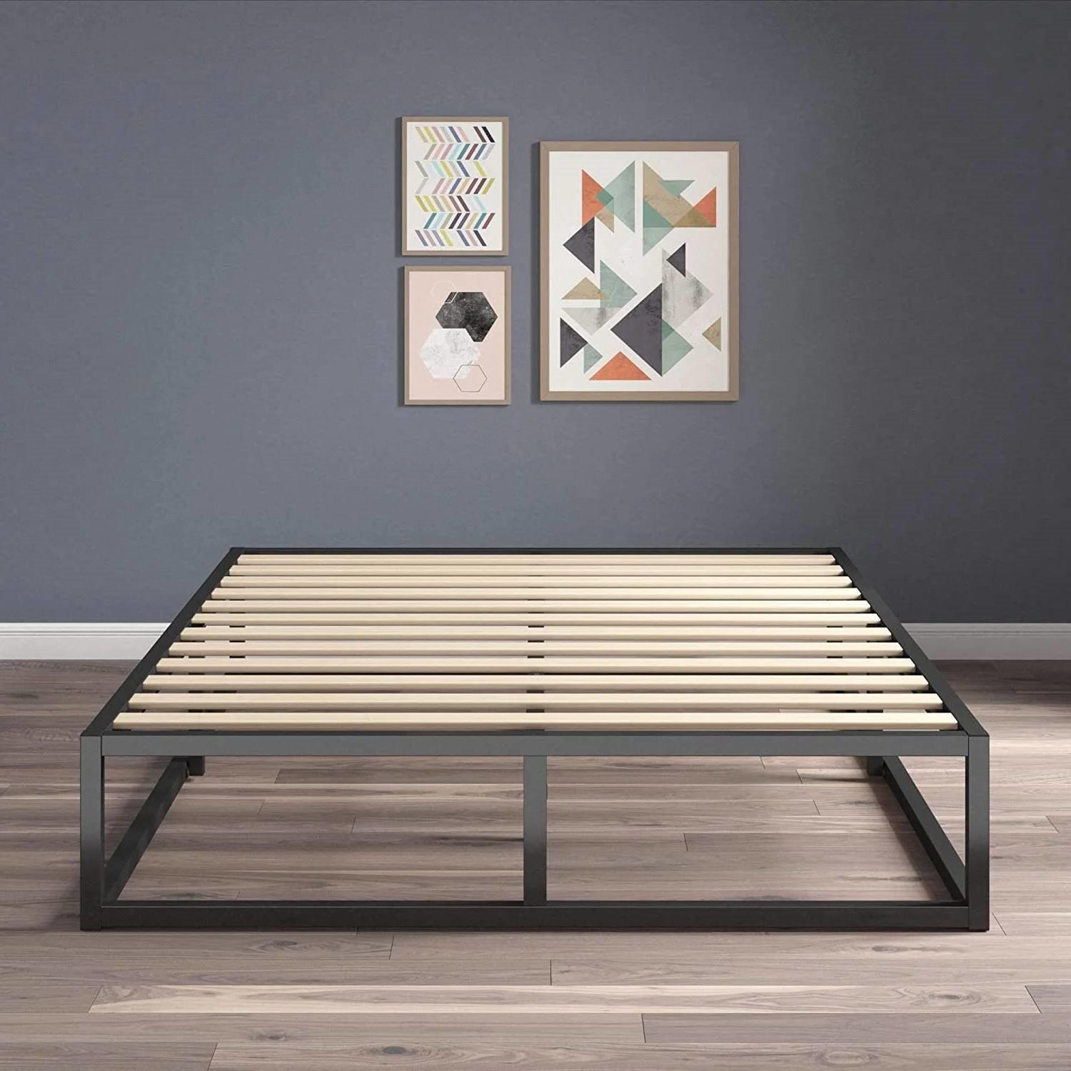 Queen size 10-inch Low Profile Modern Metal Wood Slat Platform Bed Frame - PRHOMZ