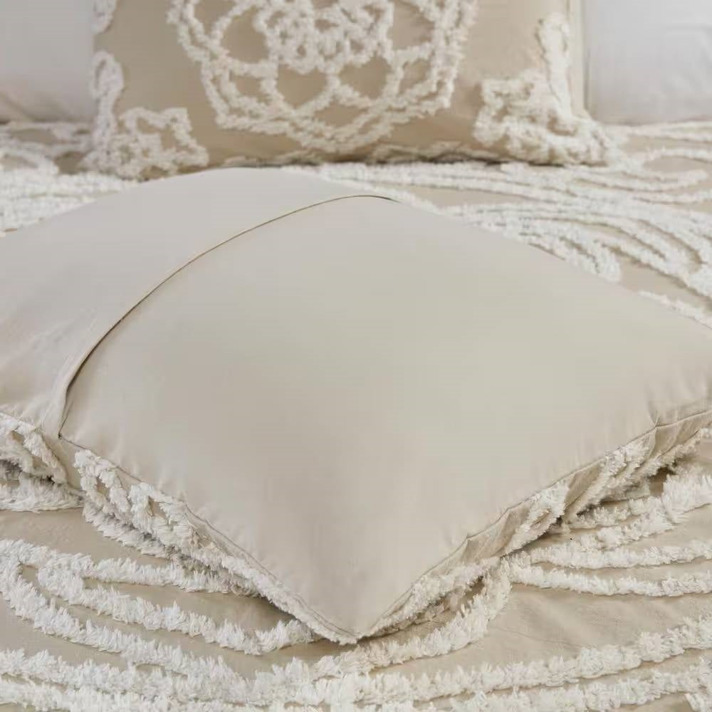 Queen 100-Percent Cotton Chenille Bedspread with Fringe Hem in Khaki Taupe Beige-2