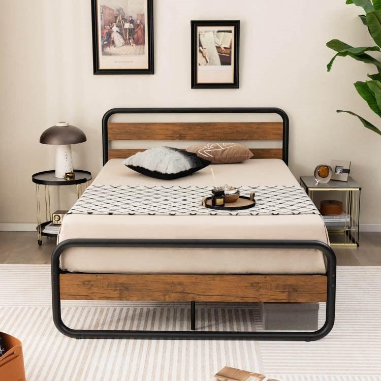 Queen Industrial Wood and Metal Tube Platform Bed with Headboard and Footboard - PRHOMZ
