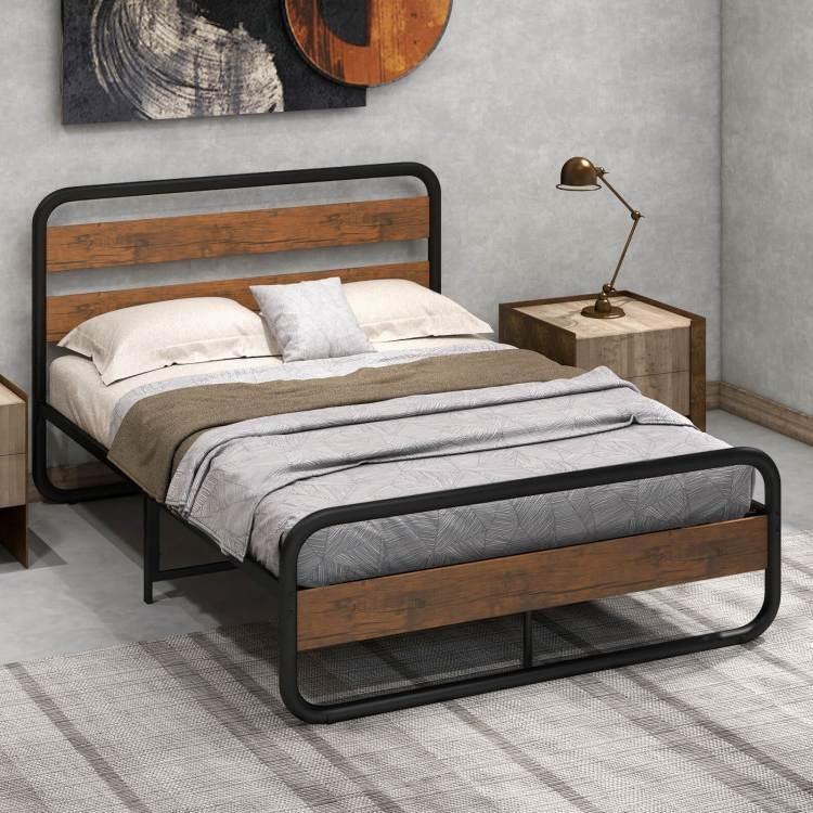 Queen Industrial Wood and Metal Tube Platform Bed with Headboard and Footboard - PRHOMZ