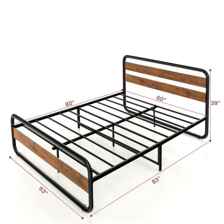 Queen Industrial Wood and Metal Tube Platform Bed with Headboard and Footboard - PRHOMZ