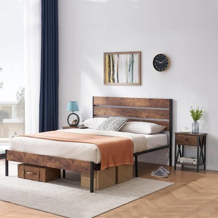 Queen Industrial Platform Bed Frame with Brown Wood Slatted Headboard Footboard - PRHOMZ