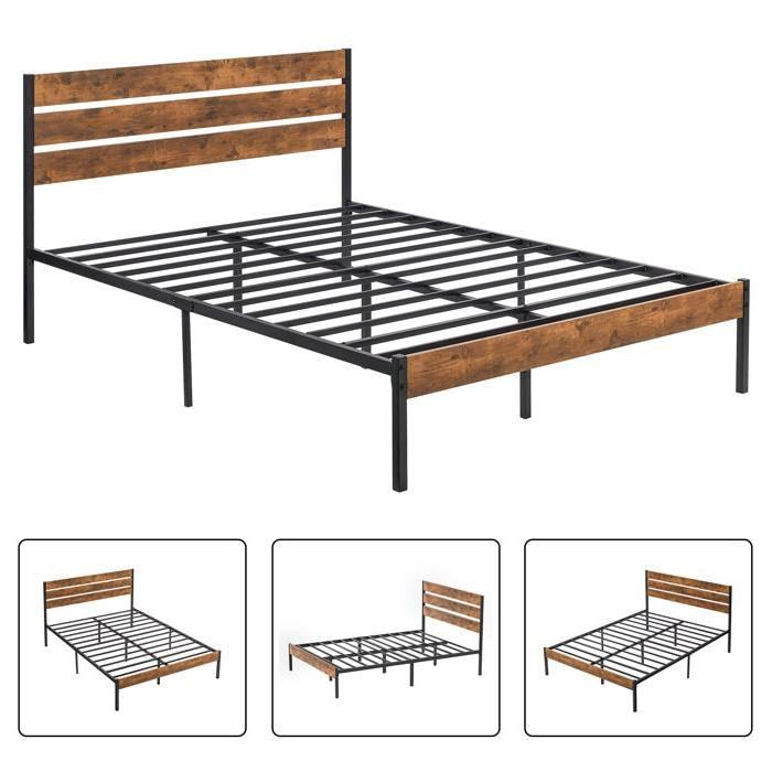 Queen Industrial Platform Bed Frame with Brown Wood Slatted Headboard Footboard - PRHOMZ