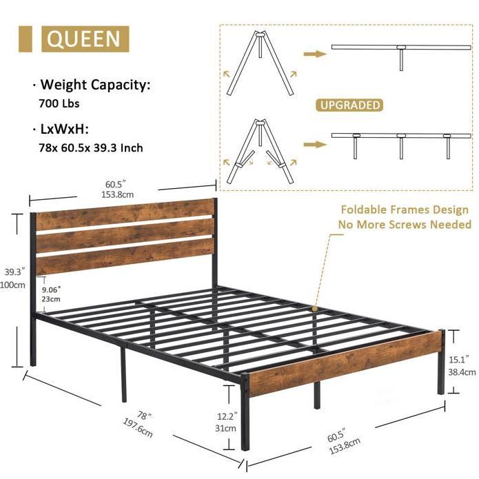 Queen Industrial Platform Bed Frame with Brown Wood Slatted Headboard Footboard - PRHOMZ