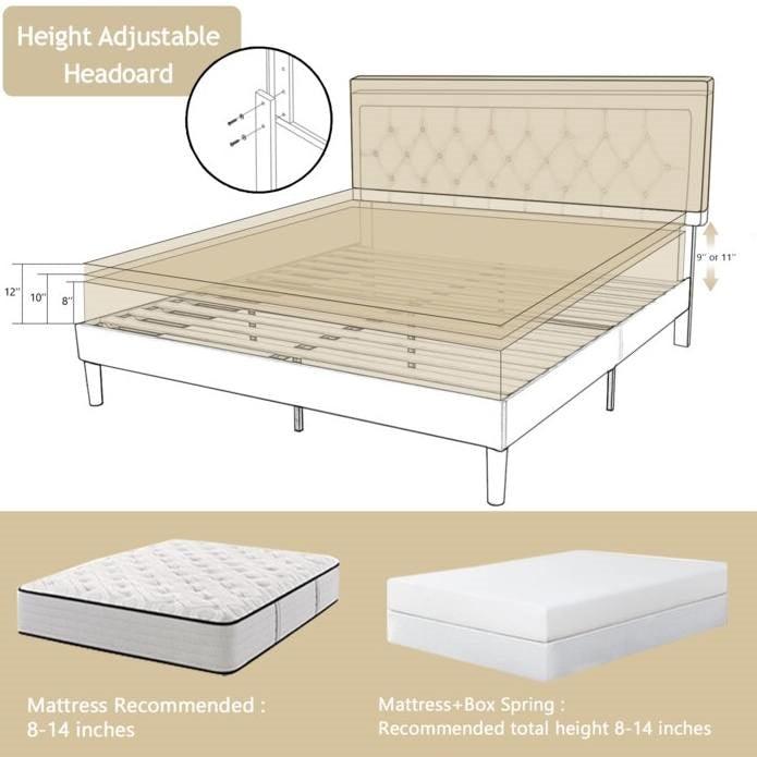 Queen Adjustable Height Platform Bed Frame with Beige Upholstered Headboard - PRHOMZ