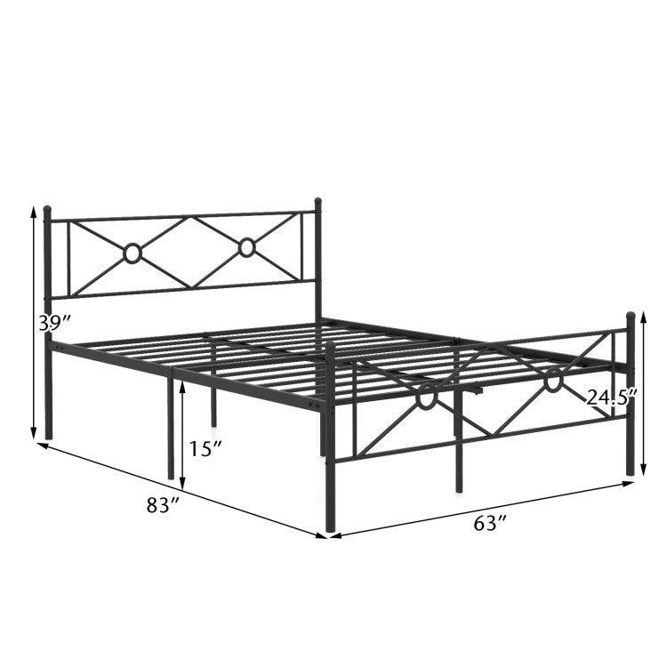 Queen Size Modern Black Metal Headboard & Footboard Platform Bed Frame - PRHOMZ