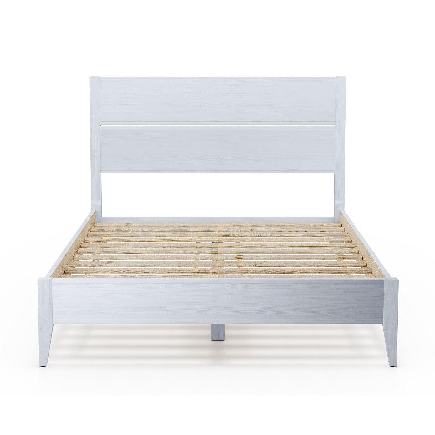 Queen Size Rustic White Mid Century Slatted Platform Bed - PRHOMZ