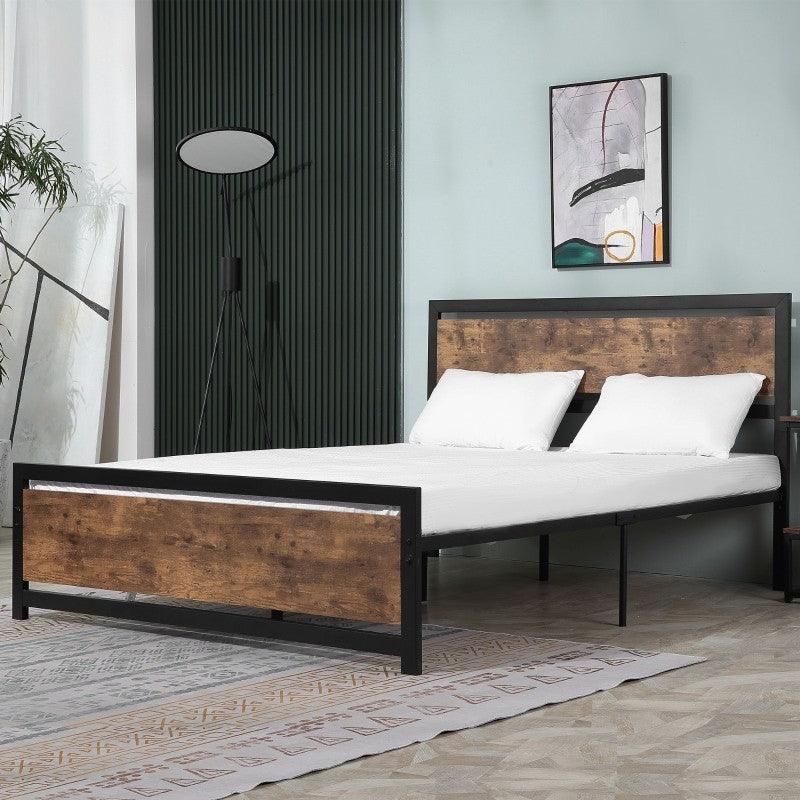 Queen Size FarmHouse Metal Wood Platform Bed Headboard Footboard - PRHOMZ