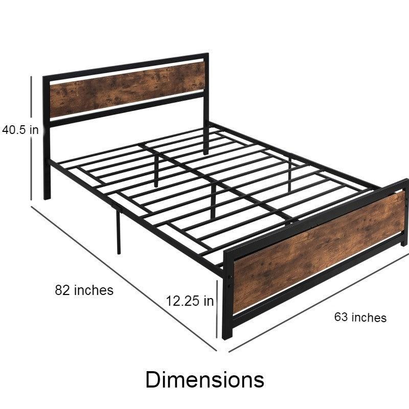 Queen Size FarmHouse Metal Wood Platform Bed Headboard Footboard - PRHOMZ