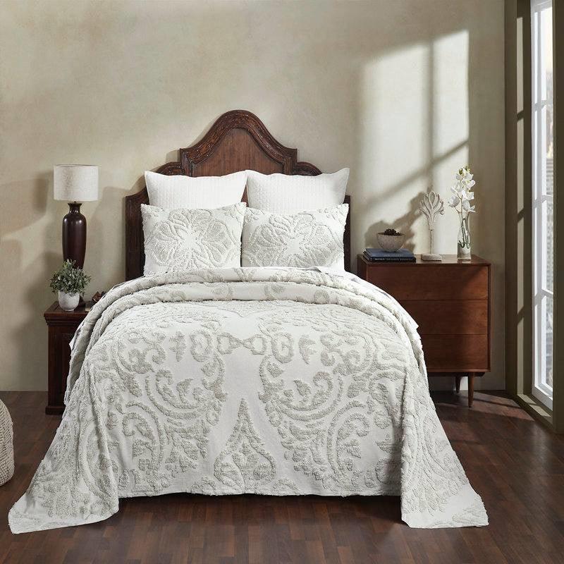 Queen Size 100% Cotton Chenille 3-Piece Coverlet Bedspread Set in Ivory - PRHOMZ