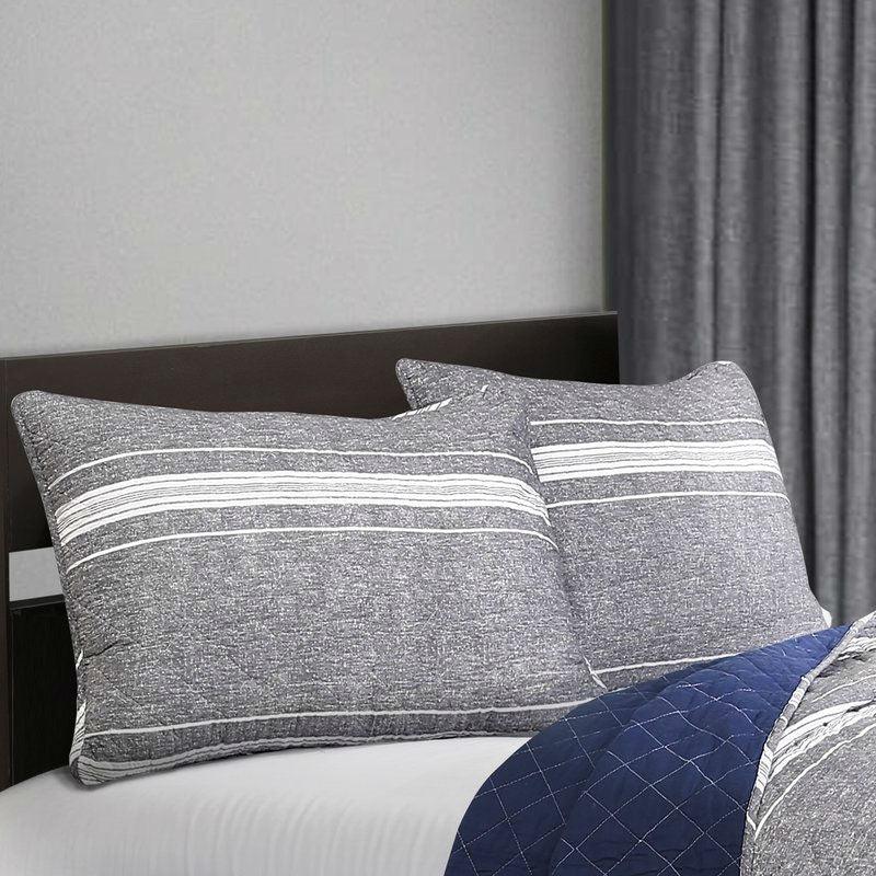 Queen Gray Navy Stripe Motif 100% Cotton Reversible Quilt Coverlet Bedspread Set - PRHOMZ