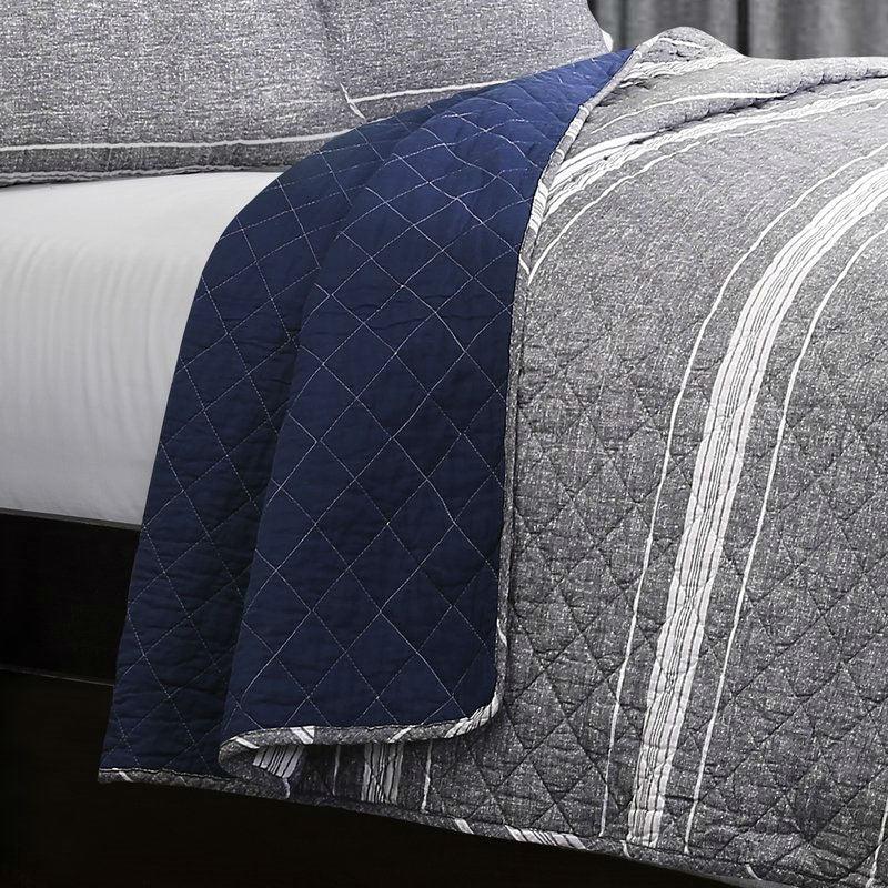 Queen Gray Navy Stripe Motif 100% Cotton Reversible Quilt Coverlet Bedspread Set - PRHOMZ