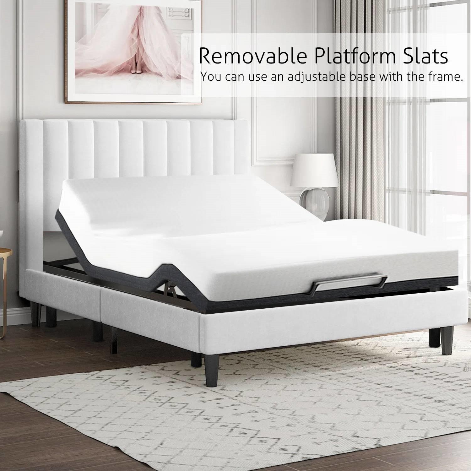 Queen size White Velvet Upholstered Platform Bed Frame with Headboard - PRHOMZ