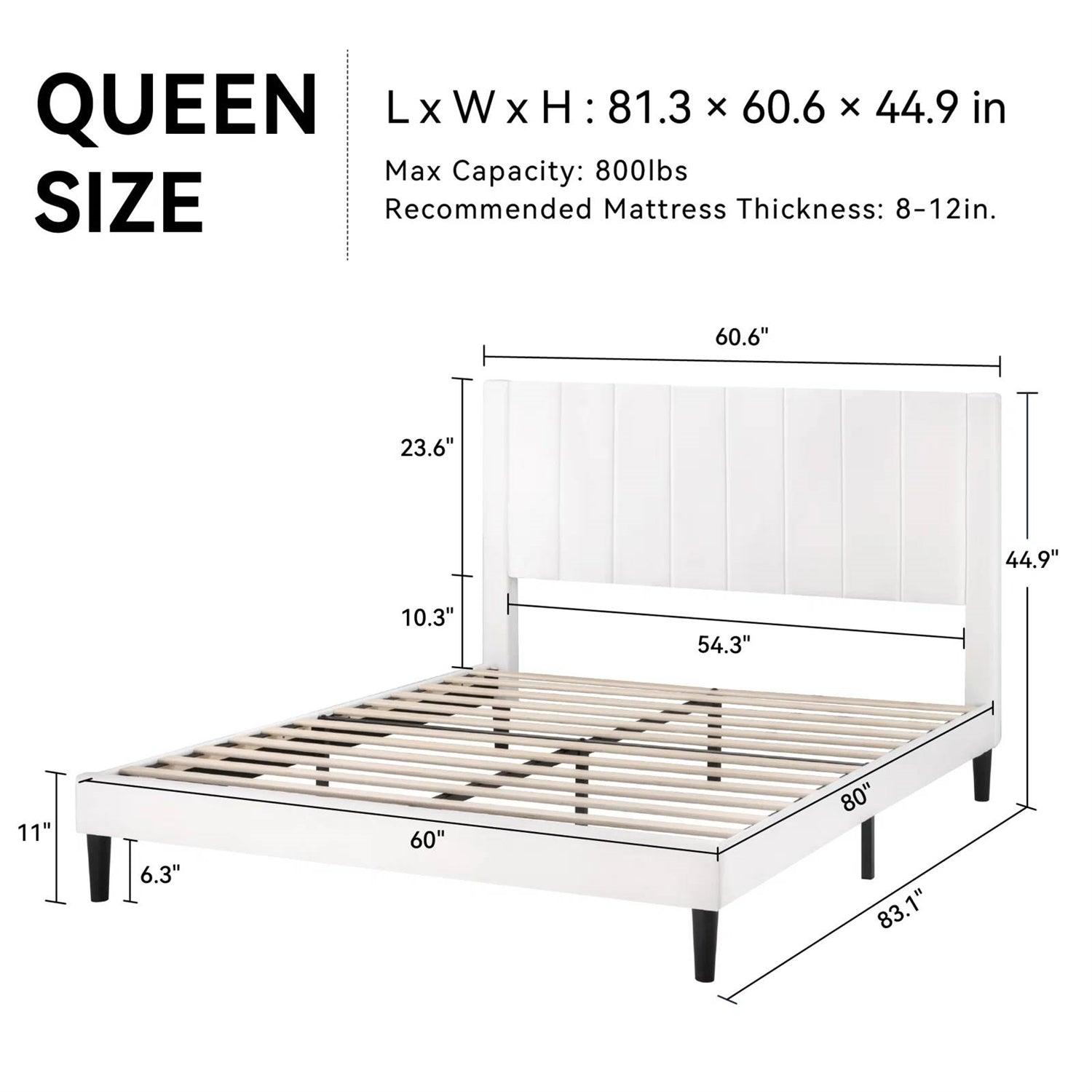 Queen size White Velvet Upholstered Platform Bed Frame with Headboard - PRHOMZ