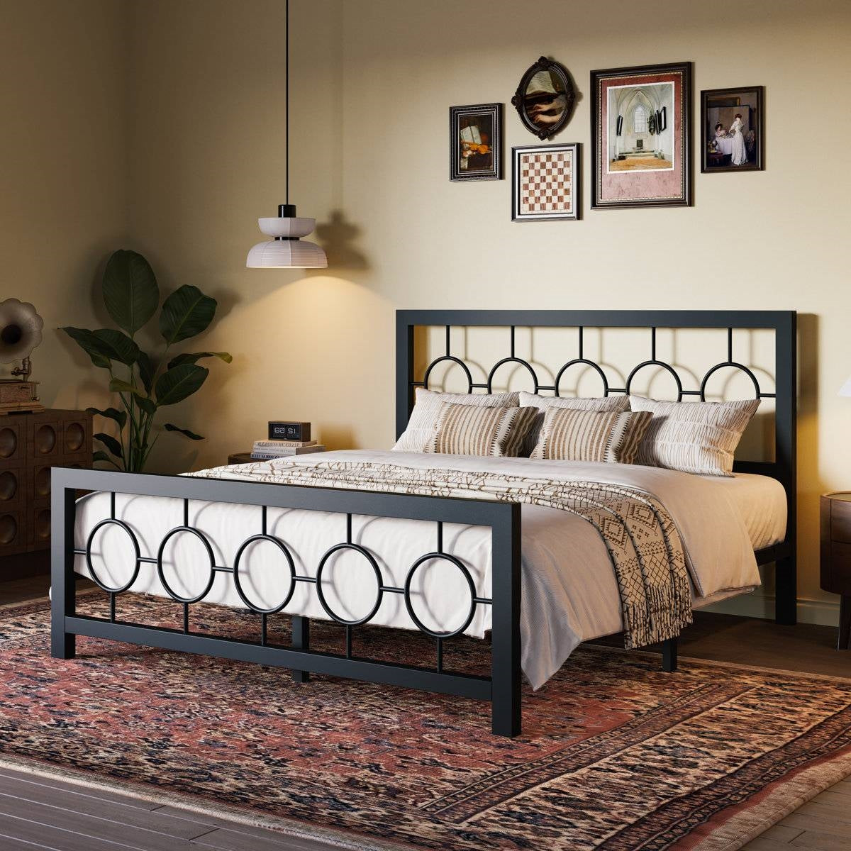 Queen Black Metal Platform Bed Frame with Circle Medallion Headboard Footboard-2